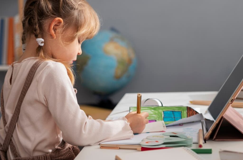 a child with braids writing in the notebook, the sheets with pictures on it