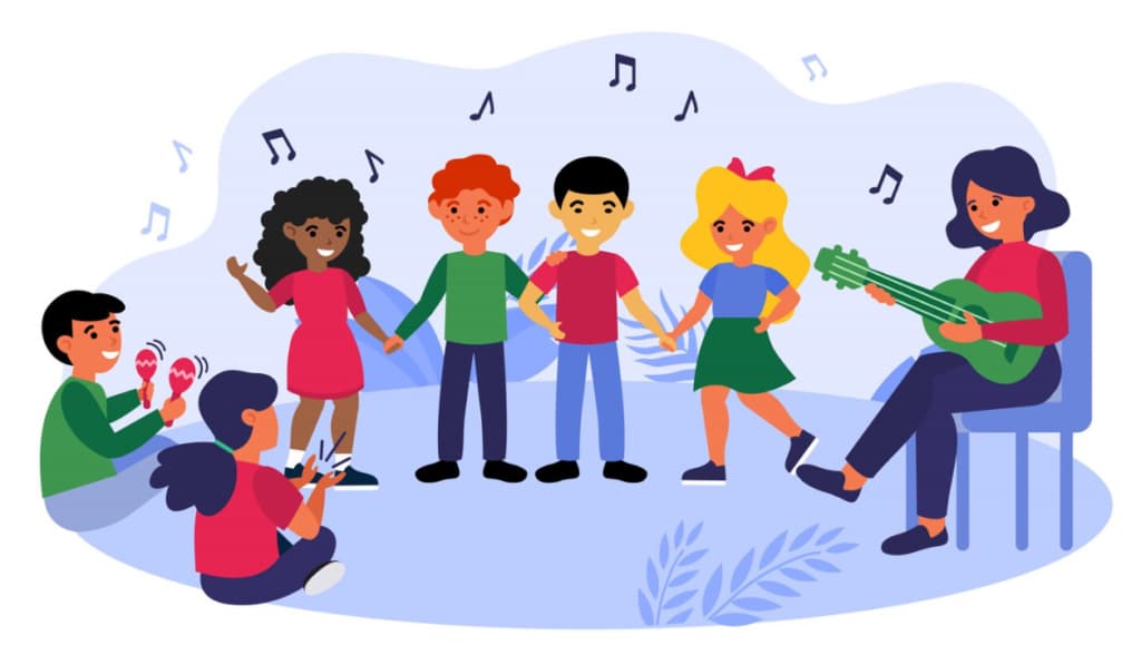 Diverse group of children happily dancing and playing musical instruments together