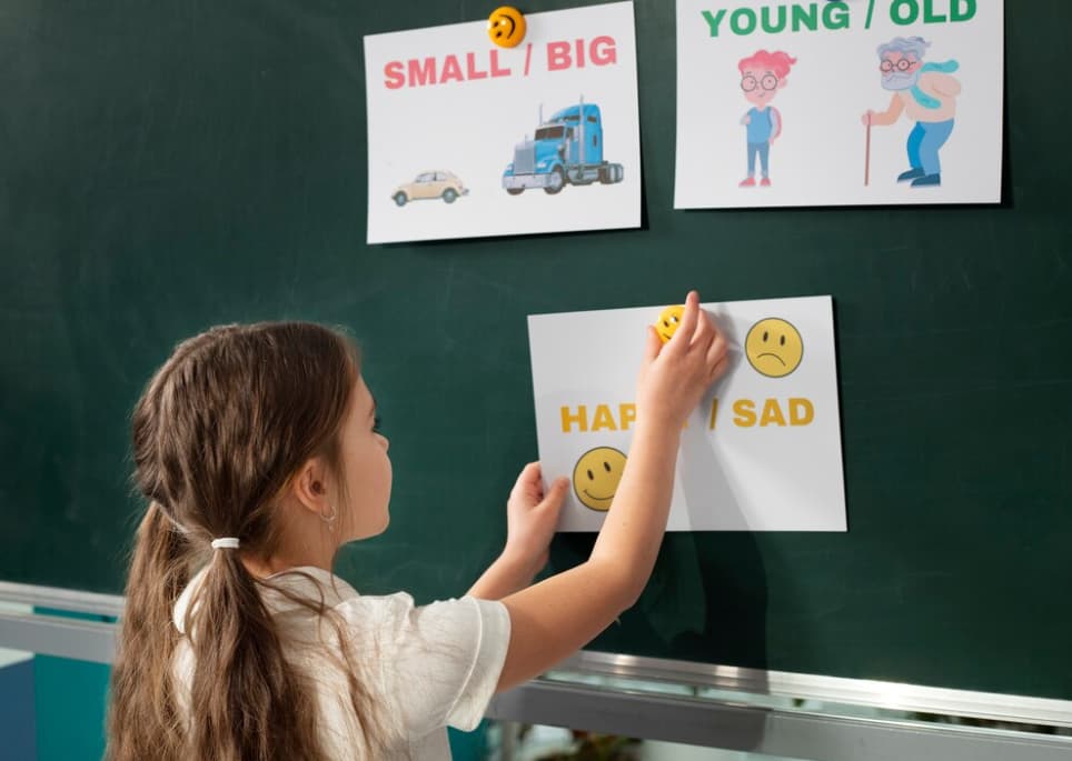 Un bambino si avvicina ai poster educativi che confrontano gli opposti come felice e triste